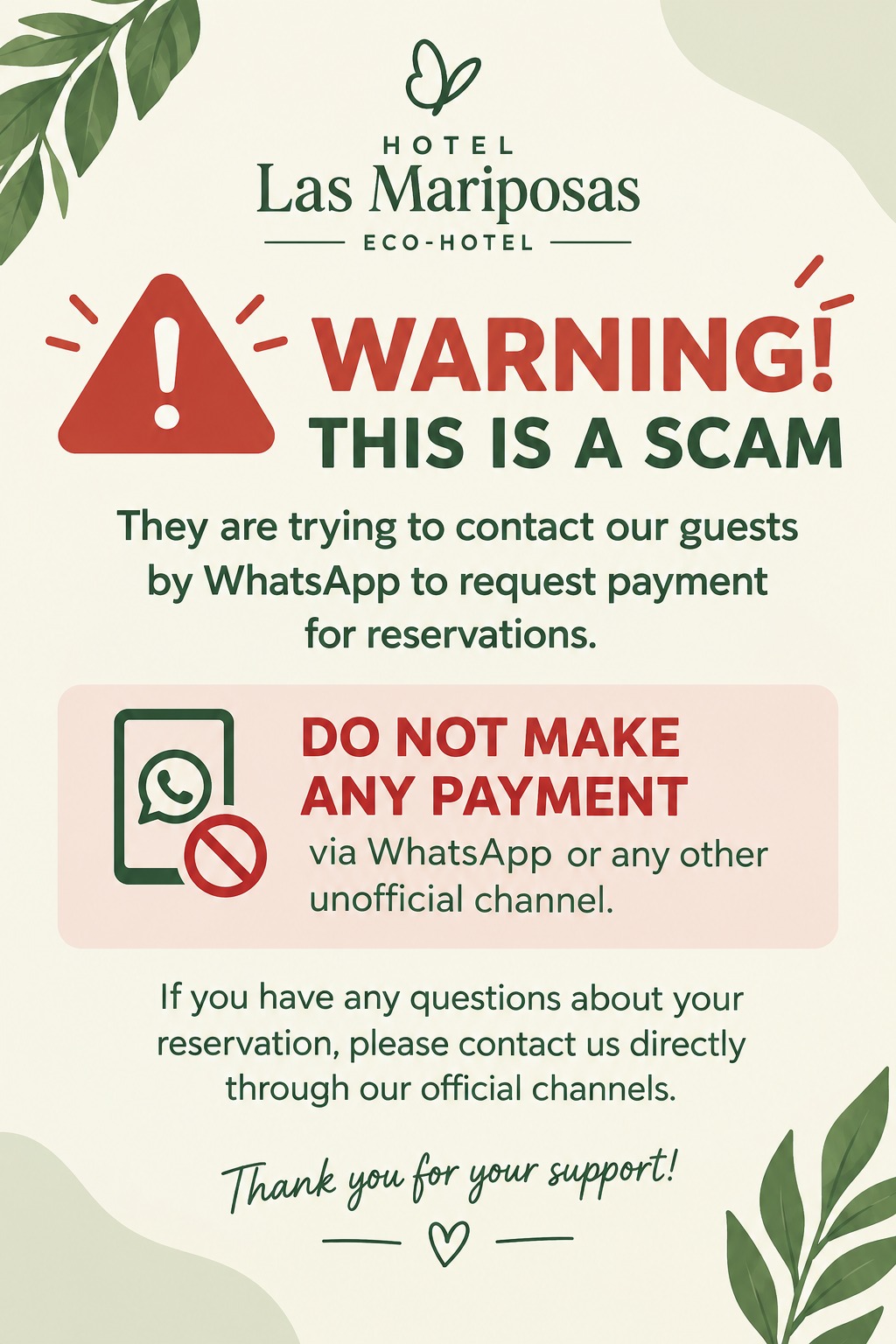 Aviso importante de seguridad - Hotel Las Mariposas